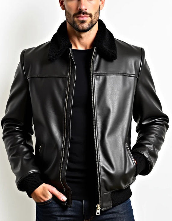 Black Bomber Leather Jacket for Men