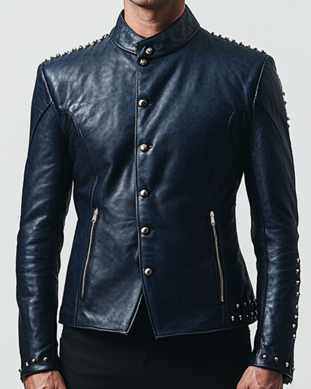 Blue Studded Leather Blazer for Men