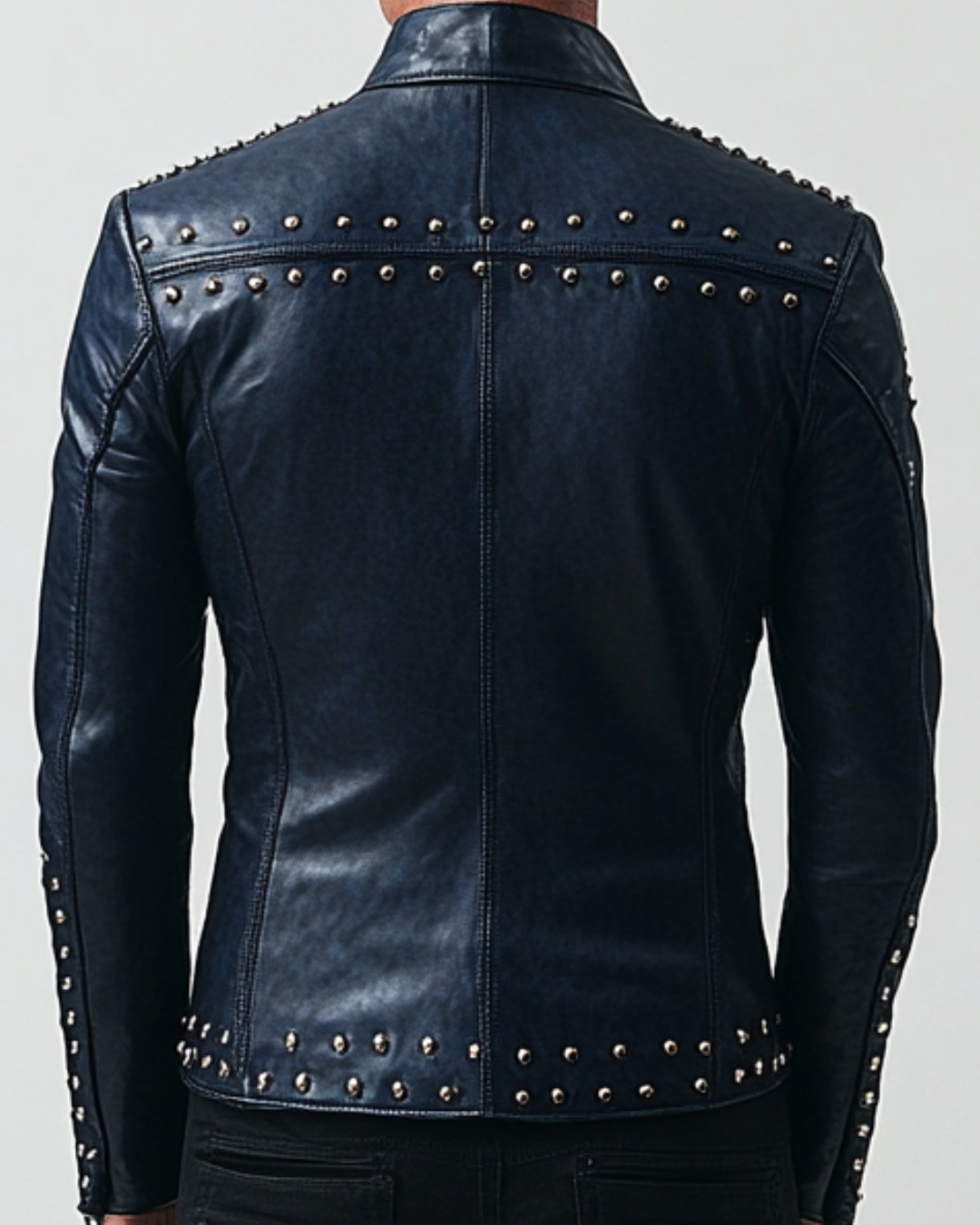 Blue Studded Leather Blazer for Men