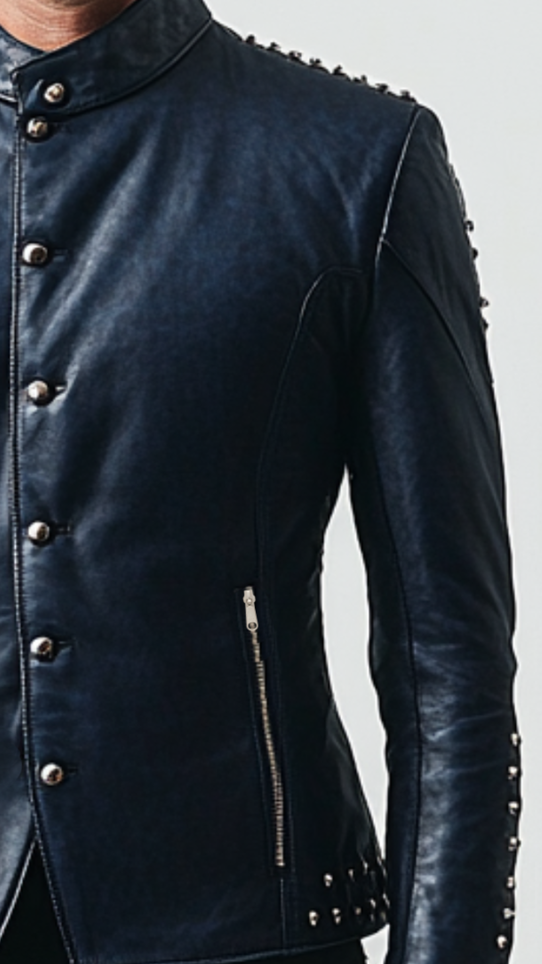 Blue Studded Leather Blazer for Men