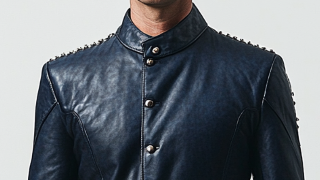 Blue Studded Leather Blazer for Men