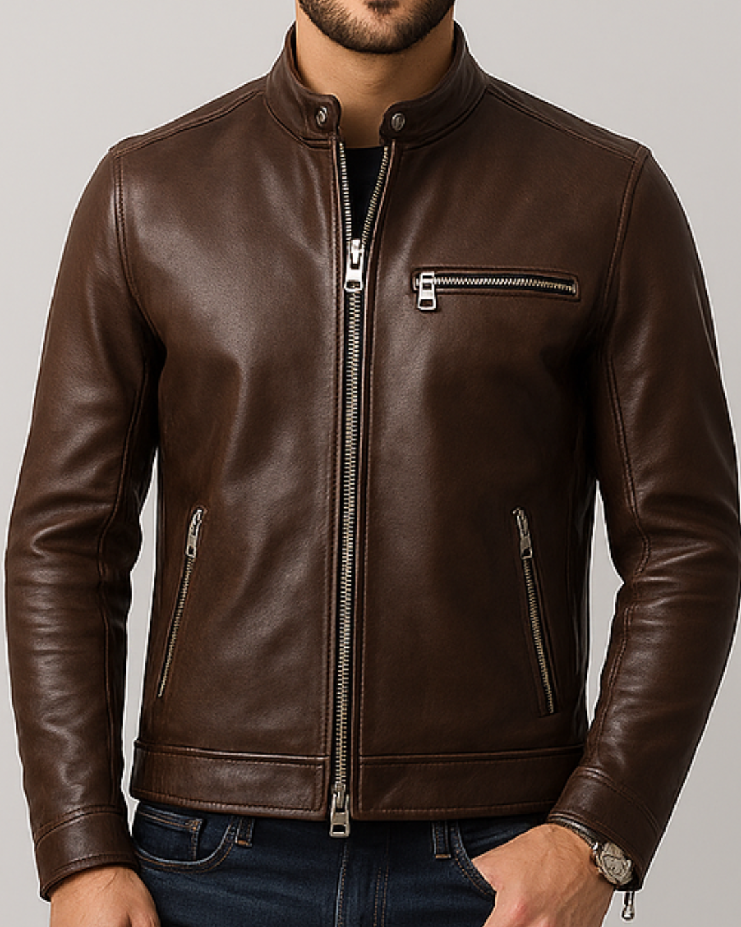 Classic Brown Men Leather Jacket