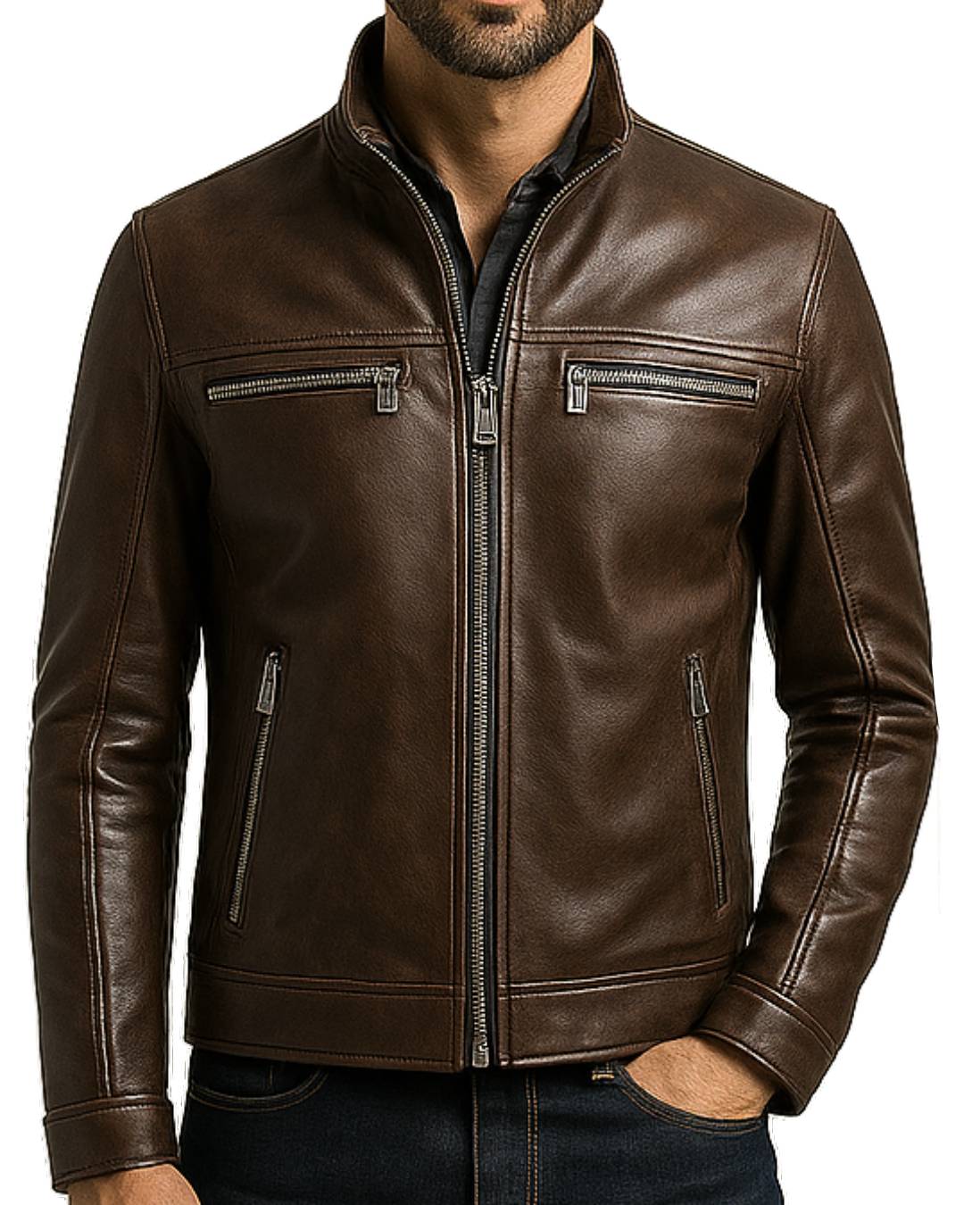 Classic Fit Brown Leather Jacket for Men