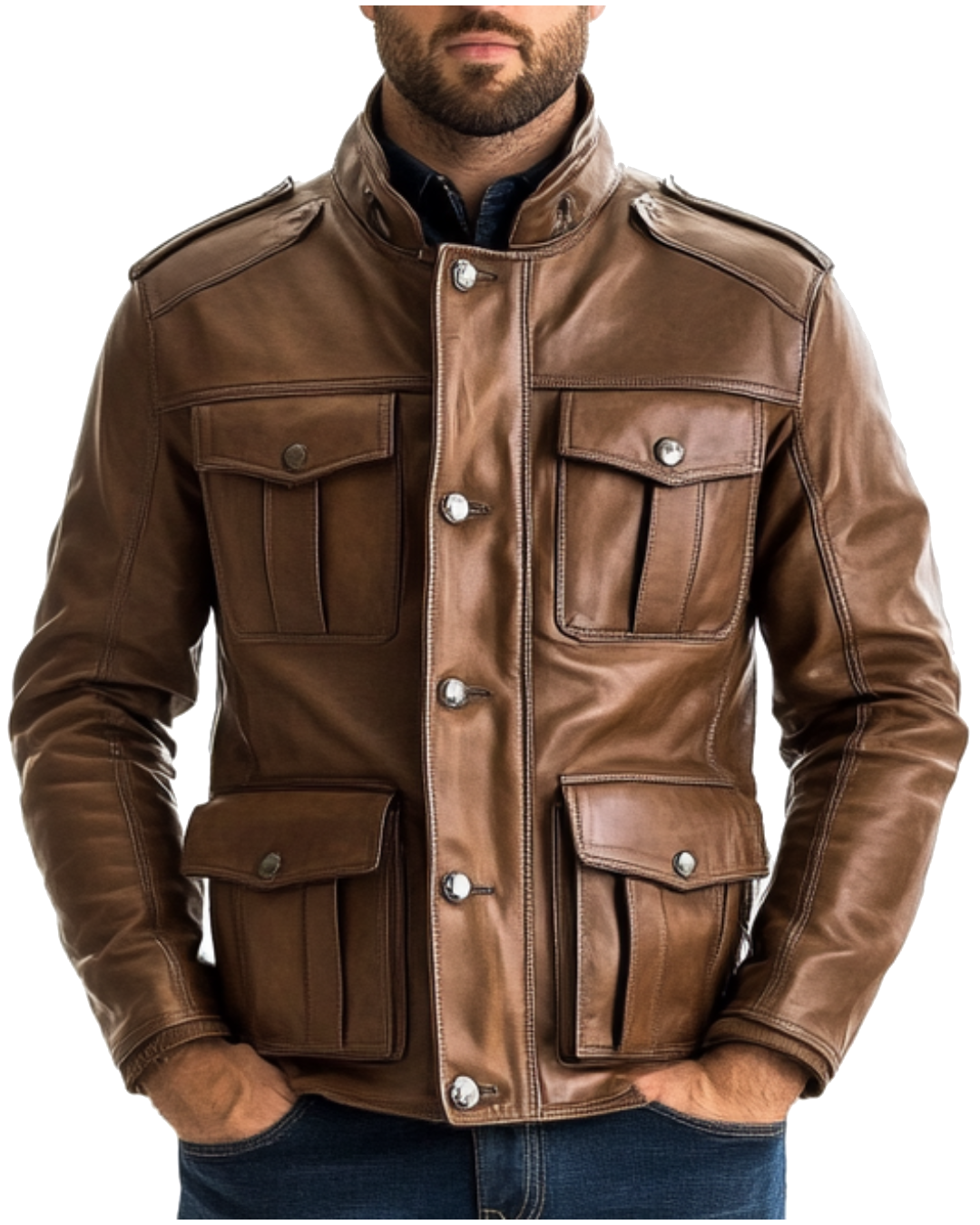 Classic Strap Pockets Men Leather Jacket