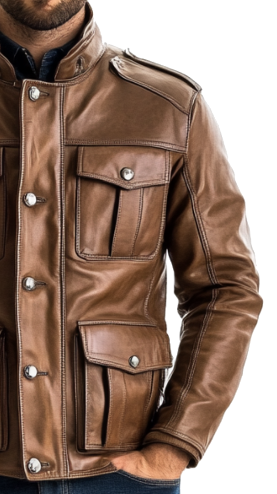 Classic Strap Pockets Men Leather Jacket