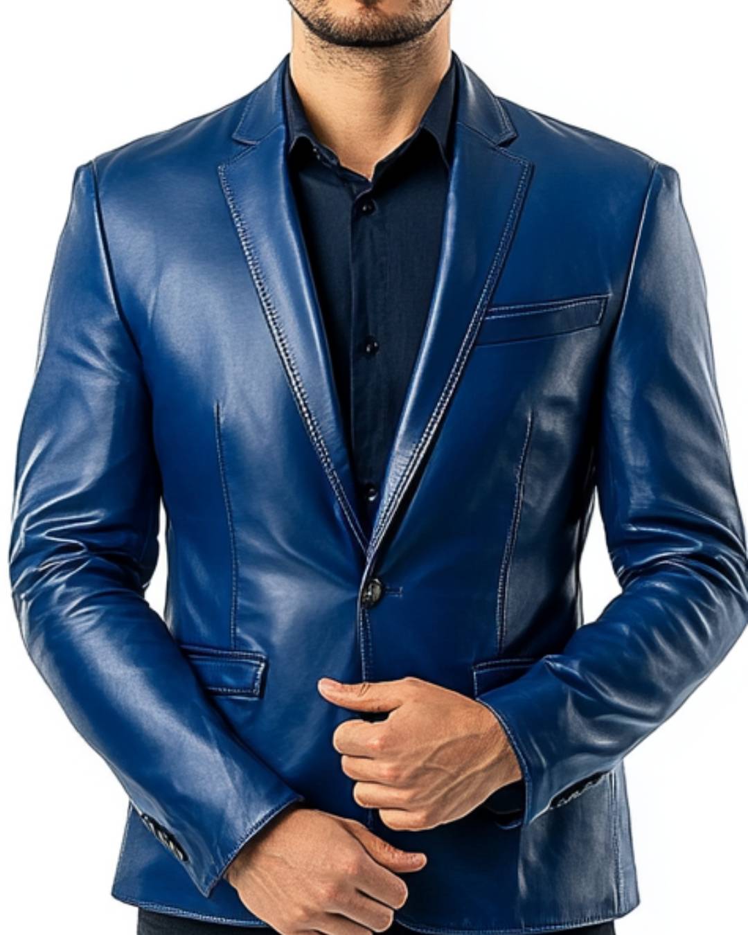 Designer Navy Blue Leather Blazer for Men