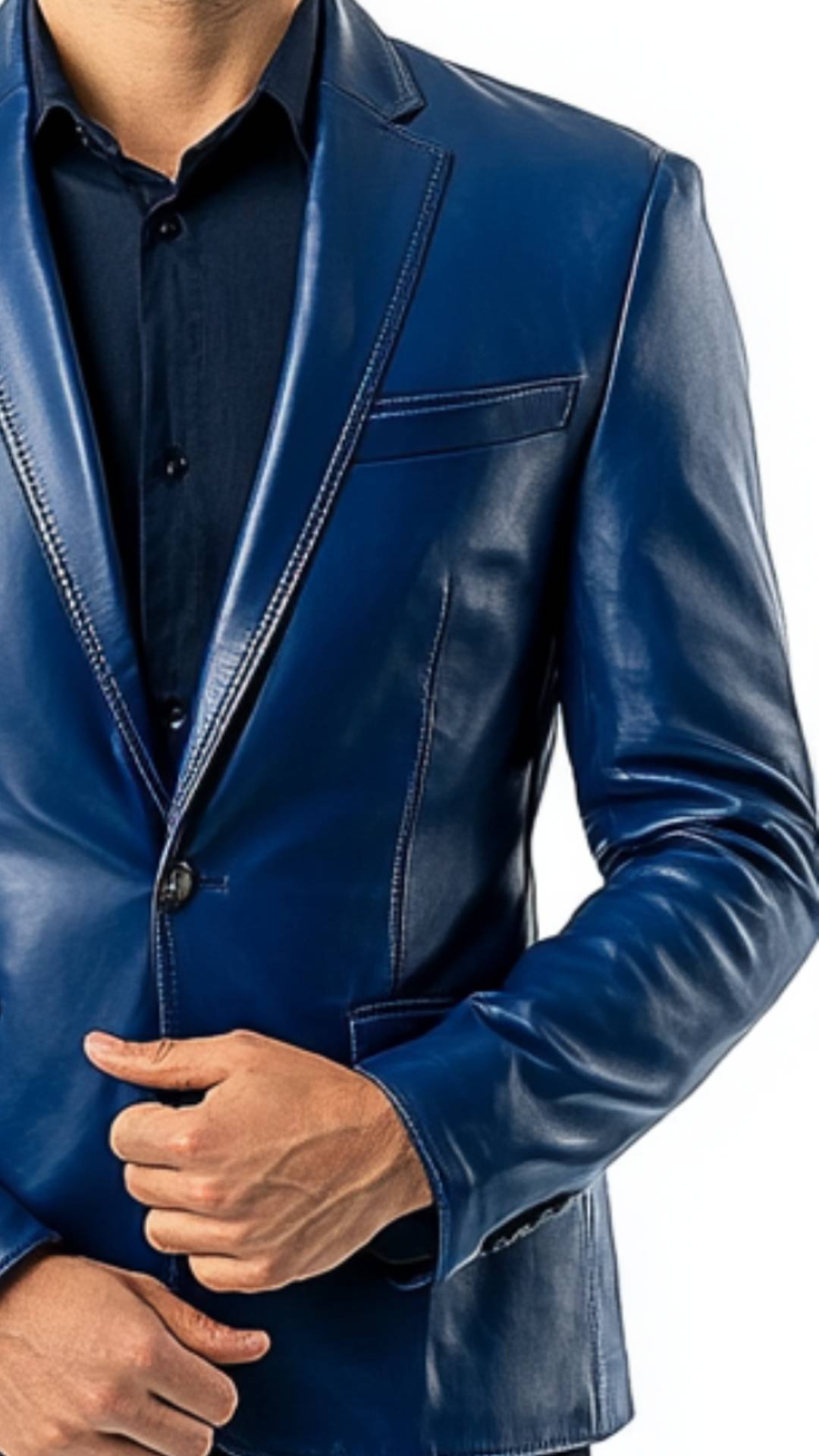 Designer Navy Blue Leather Blazer for Men