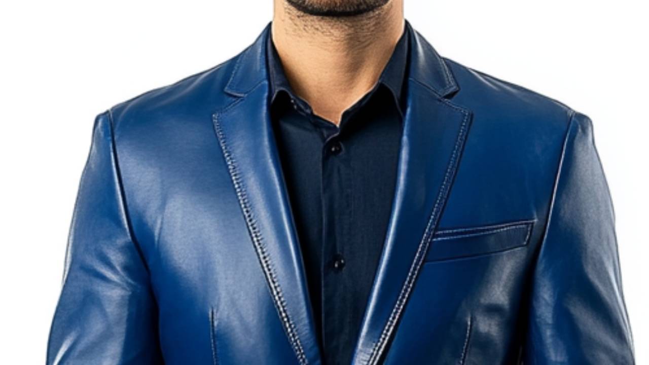 Designer Navy Blue Leather Blazer for Men