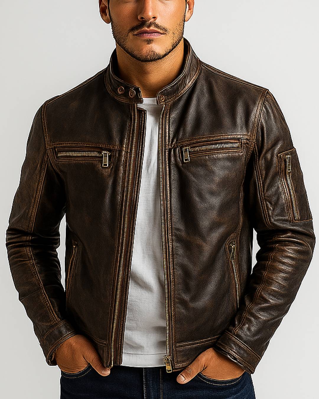 Distressed Brown Leather Jacket for Men