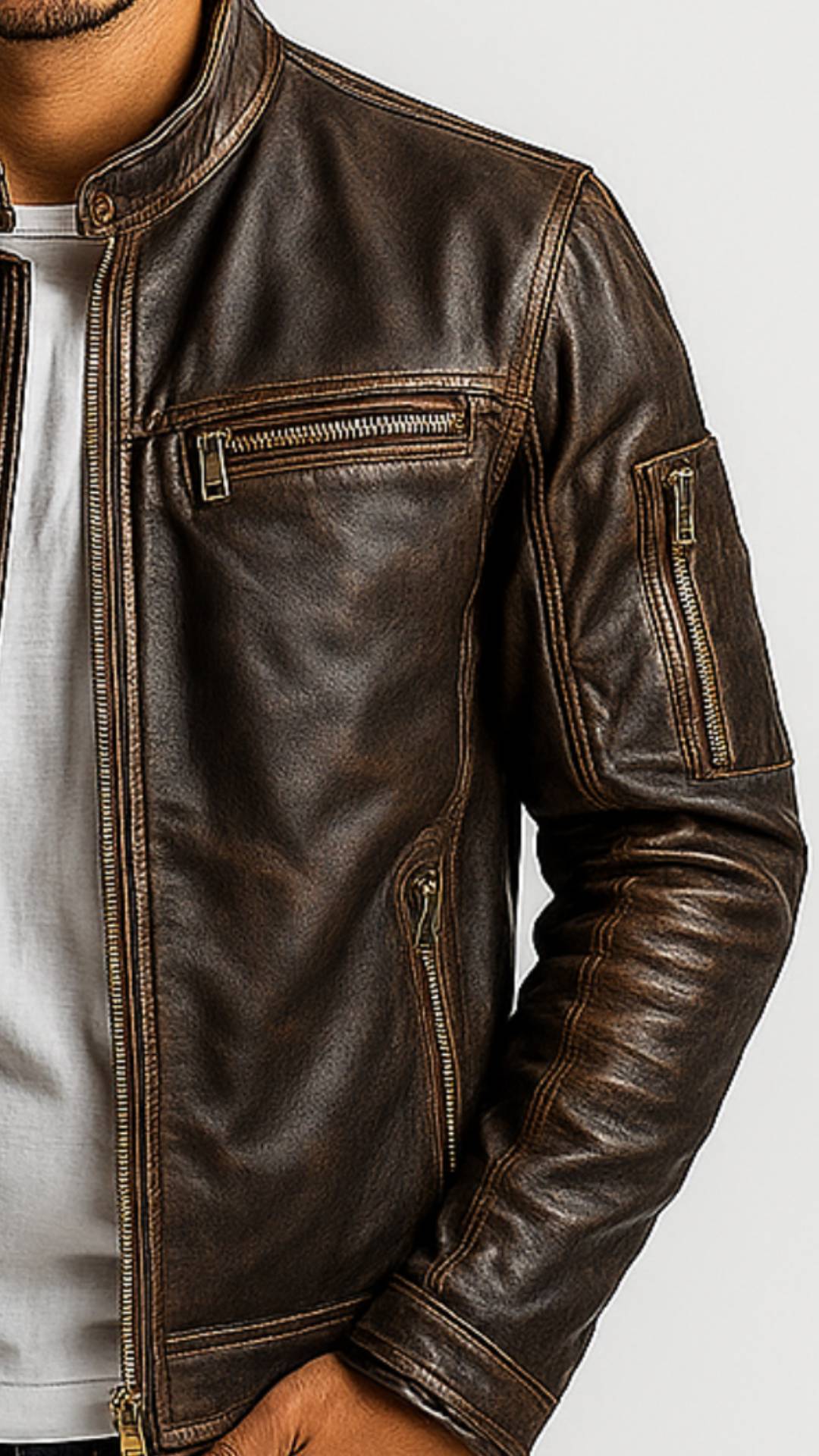 Distressed Brown Leather Jacket for Men