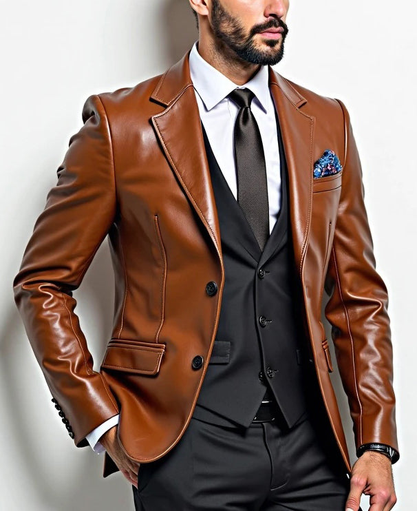 Men Earth Brown Leather Blazer