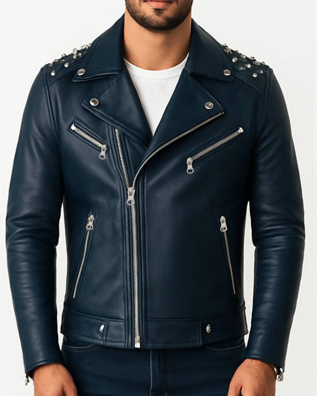 Men Biker Leather Jacket Navy Blue