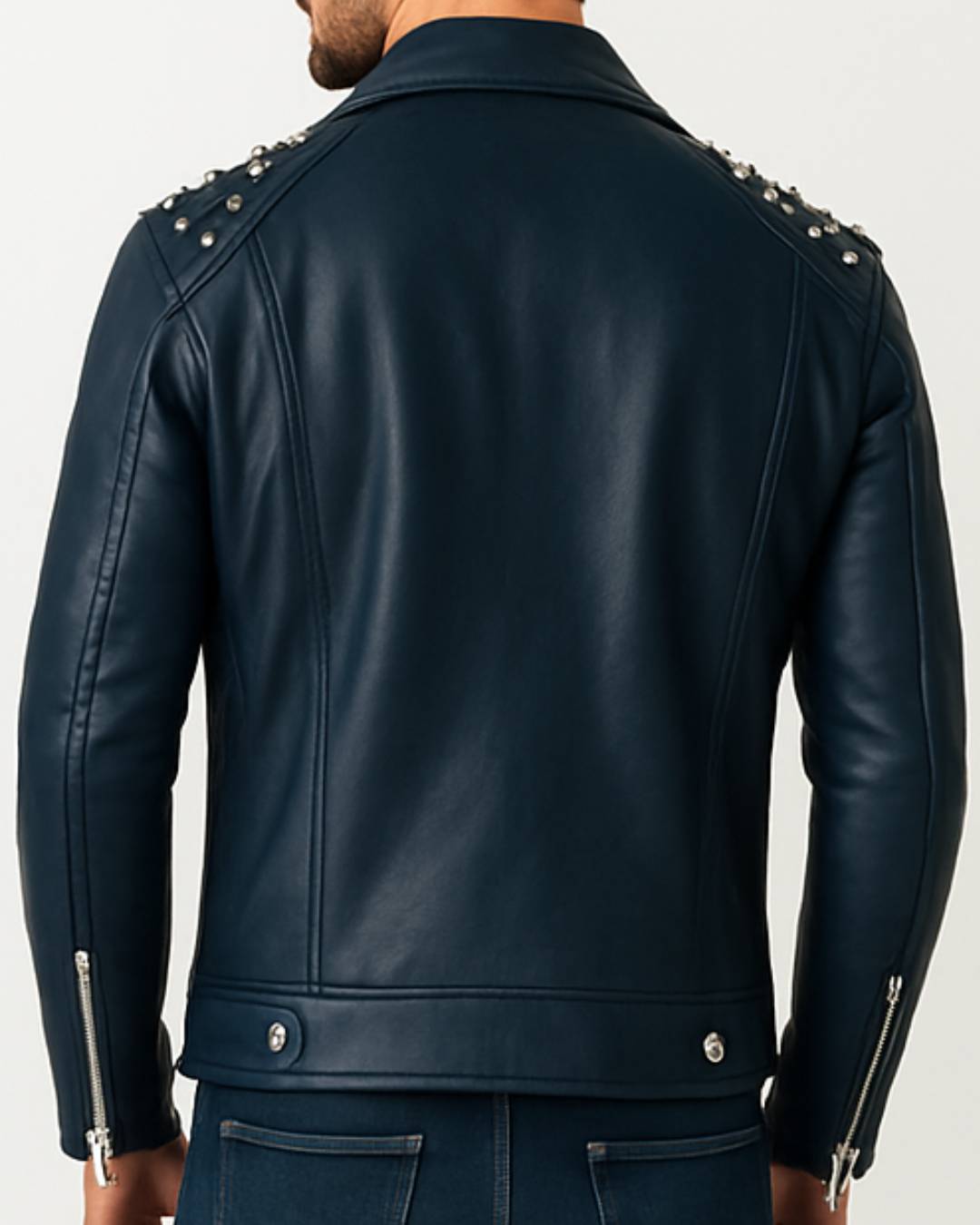 Men Biker Leather Jacket Navy Blue