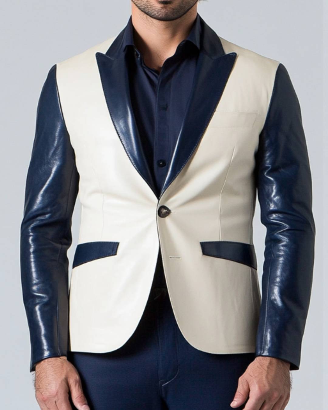 Men Blue White leather Tuxedo