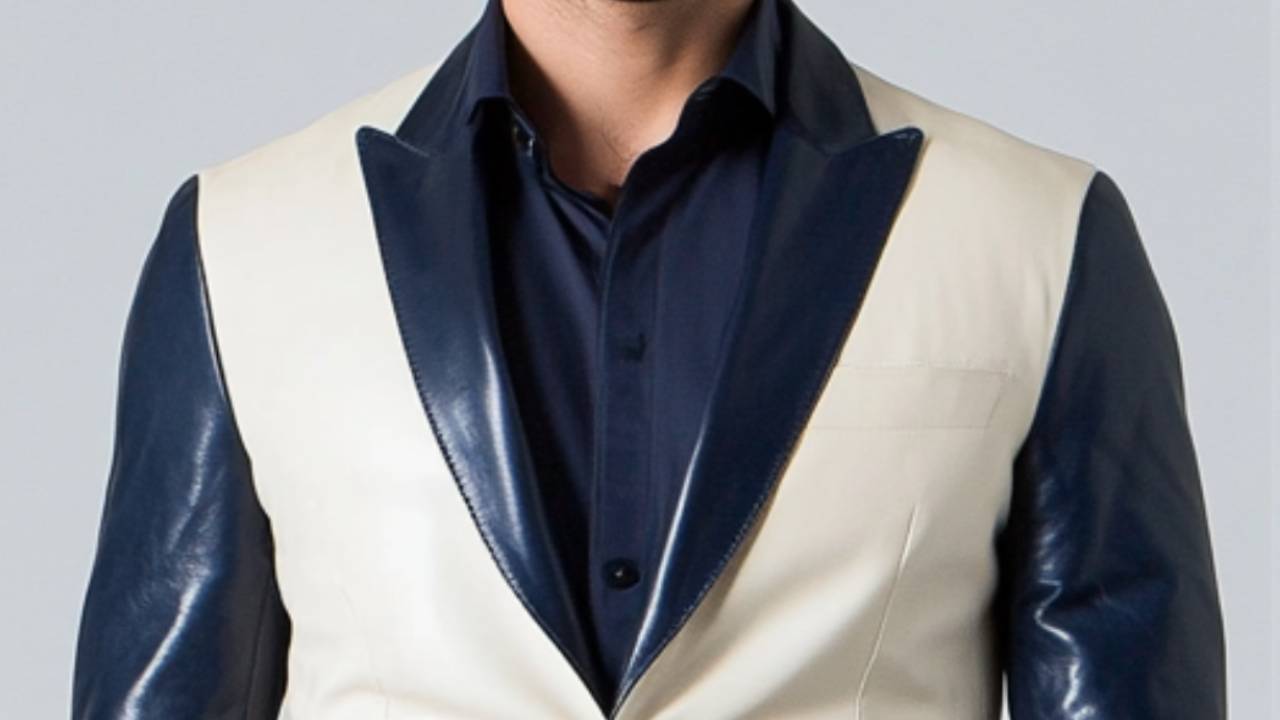 Men Blue White leather Tuxedo