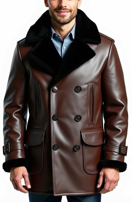 Men Brown Leather Fur Coat