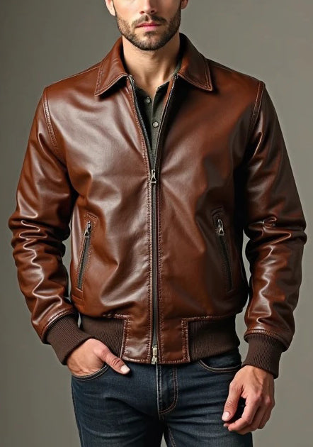 Men Brown Stylish Bomber Leather Jacket