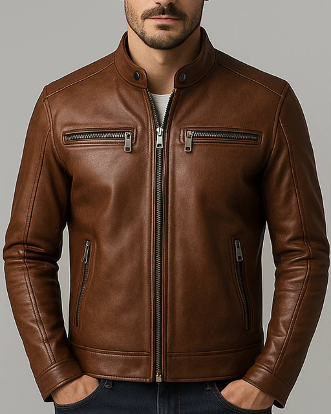 Men Casual Brown Leather Jacket
