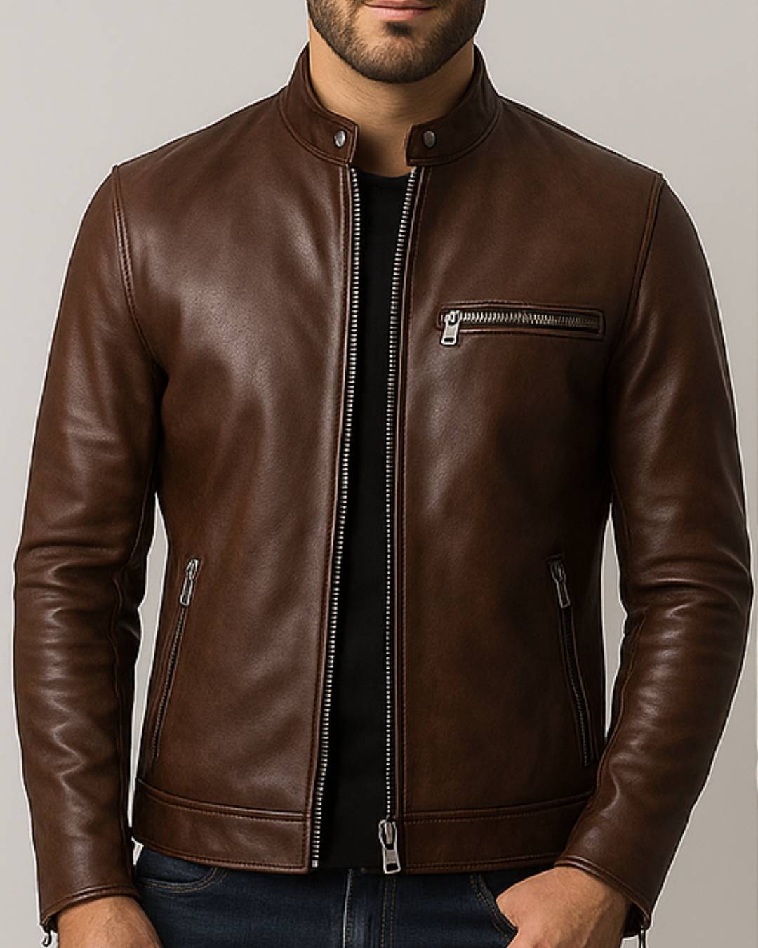Men Classic Brown Leather Jacket