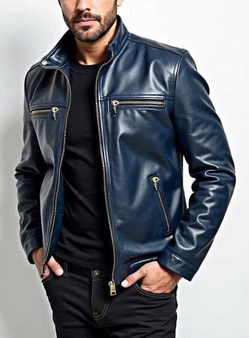 Men Classic Navy Blue Leather Jacket