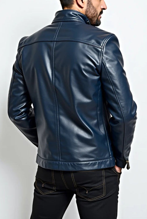 Men Classic Navy Blue Leather Jacket