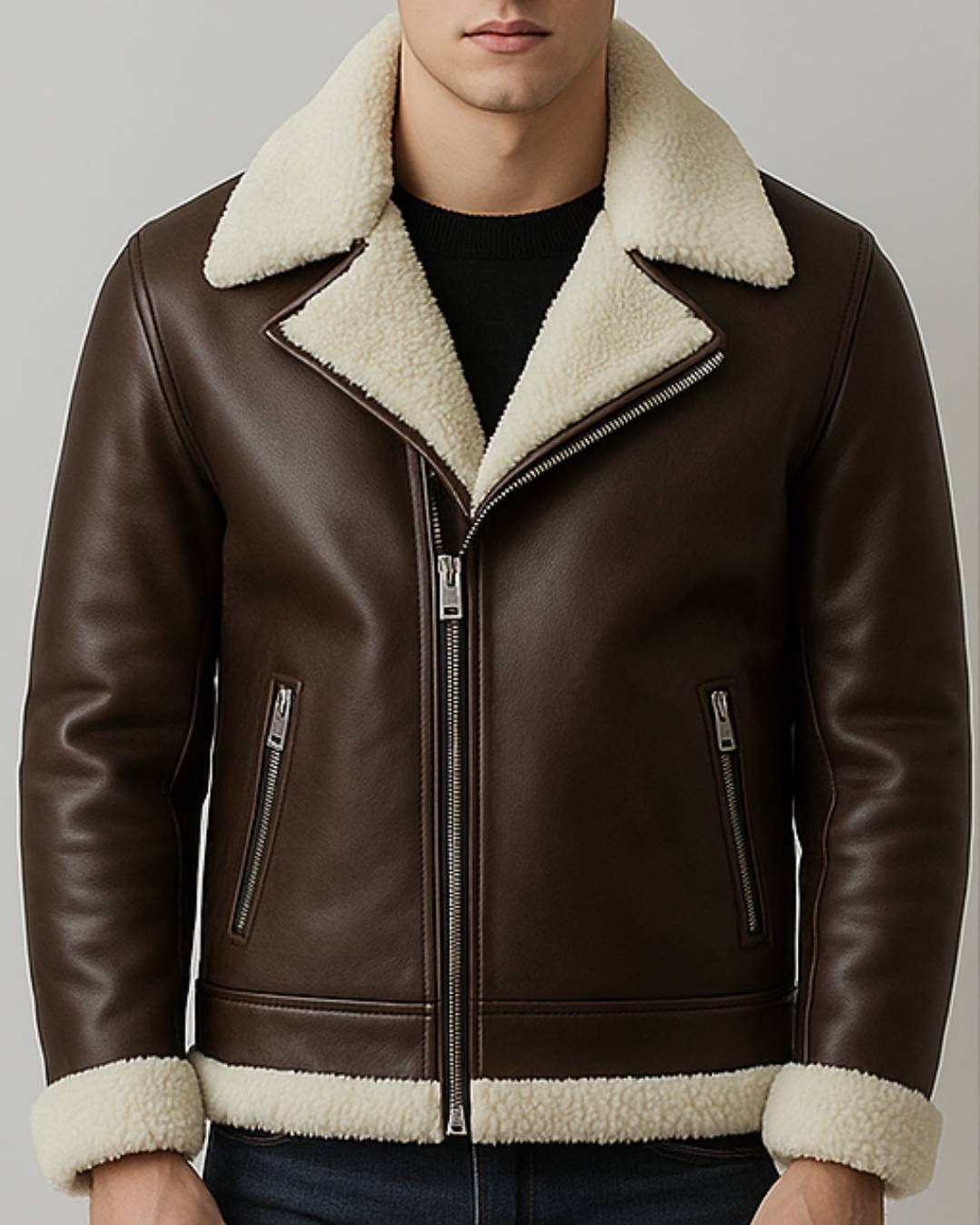 Men Dark Brown Leather Jacket -  Faux Fur Inside