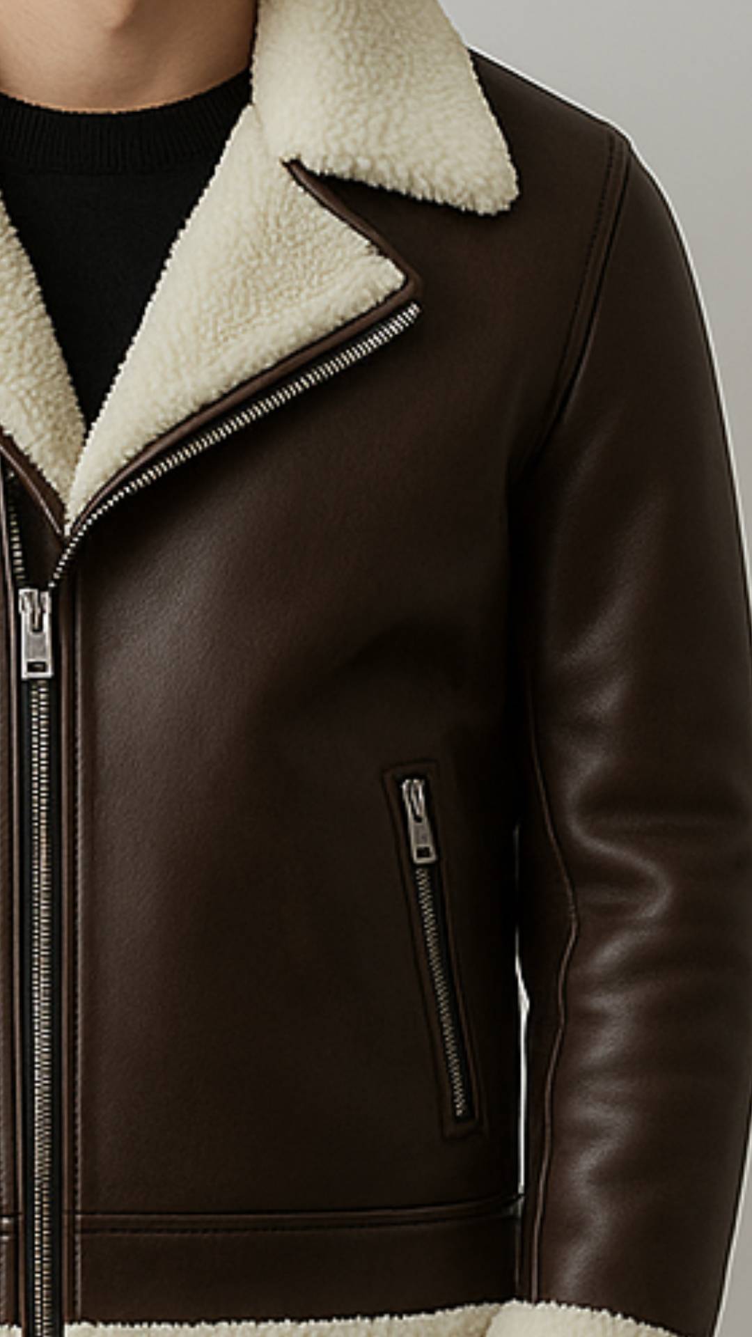 Men Dark Brown Leather Jacket -  Faux Fur Inside
