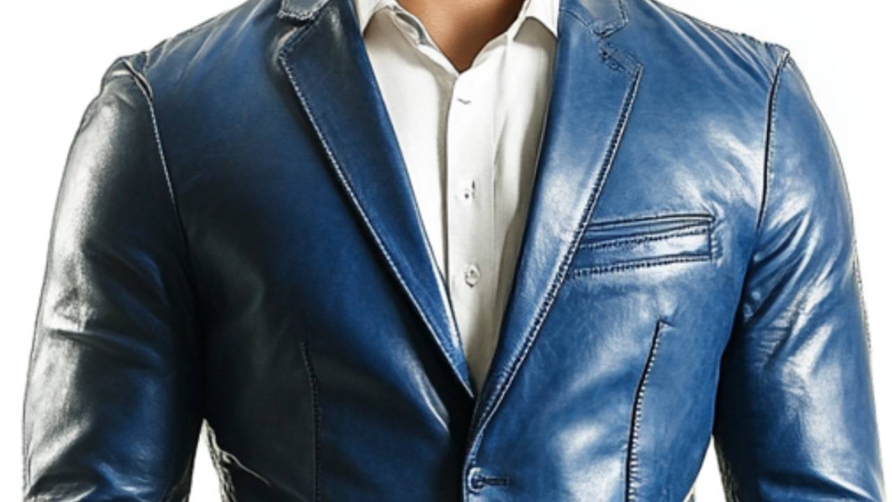 Men Fade Blue Leather Blazer