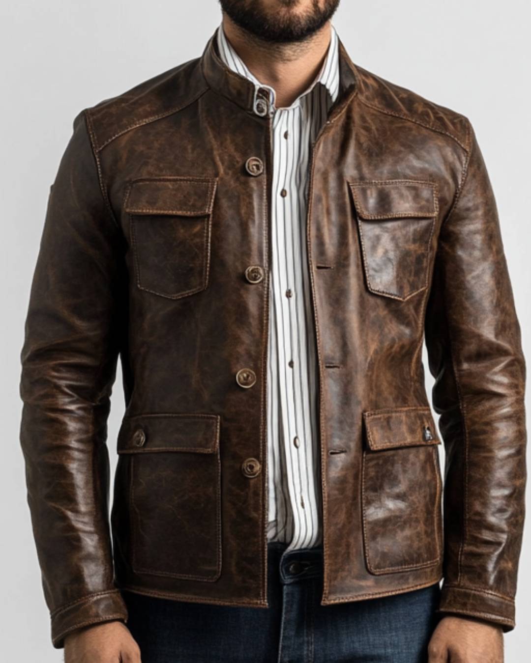 Men Leather Jacket Distressed Brown