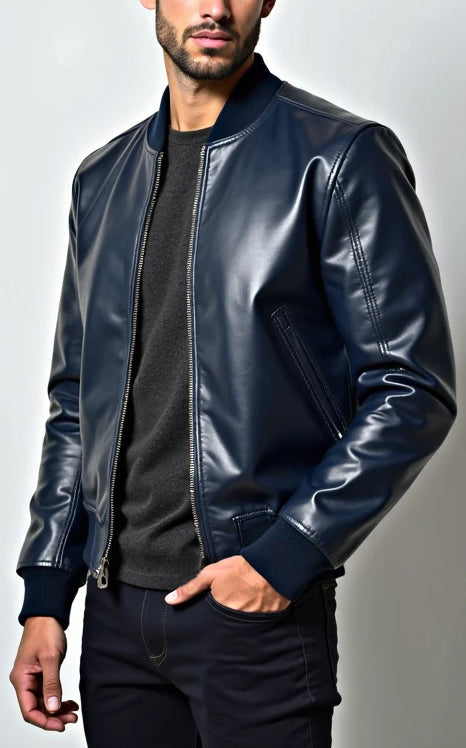 Men Navy Blue Bomber Leather Jacket