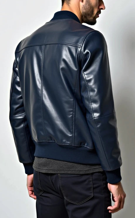 Men Navy Blue Bomber Leather Jacket
