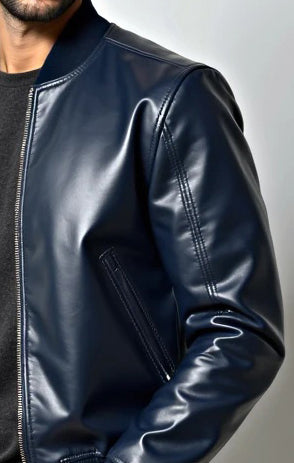 Men Navy Blue Bomber Leather Jacket