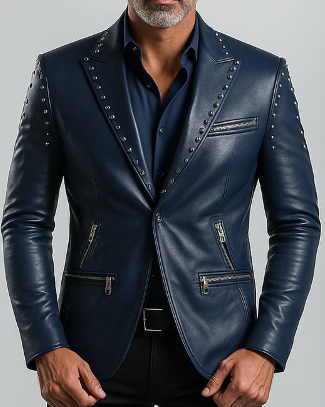 Men Stylish Navy Blue Leather Blazer