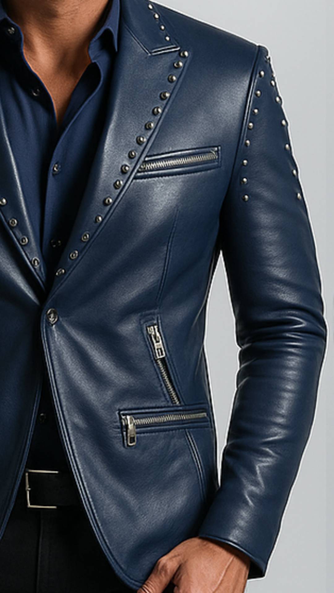 Men Stylish Navy Blue Leather Blazer