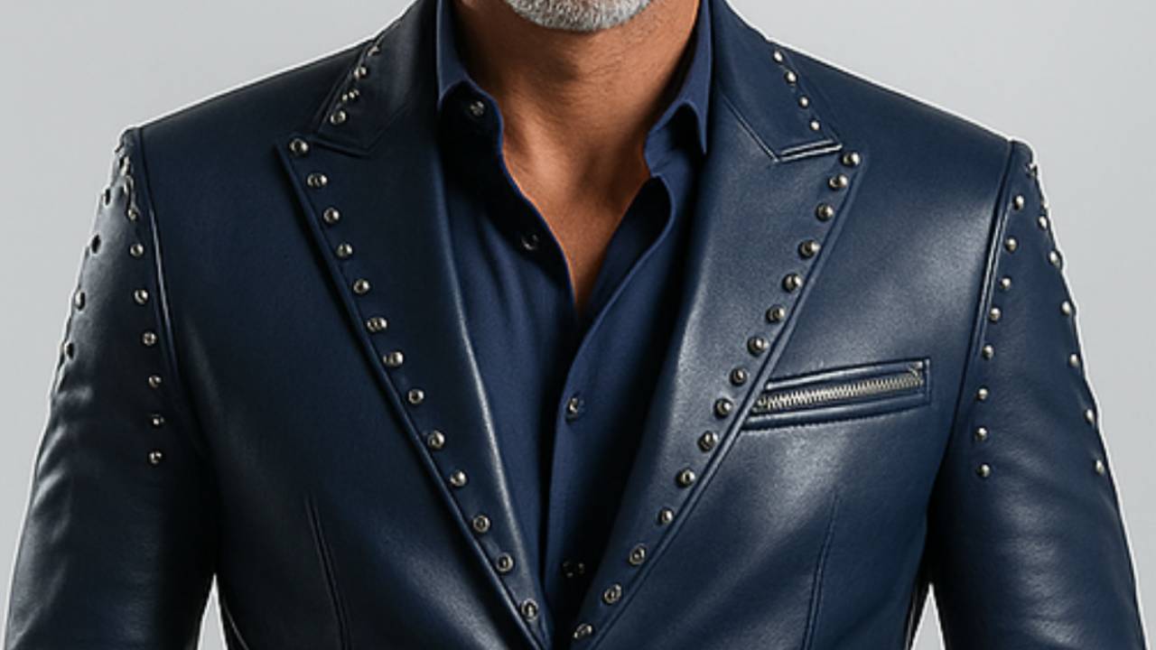 Men Stylish Navy Blue Leather Blazer