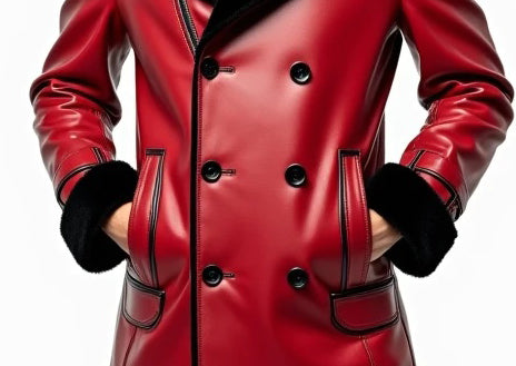 Men Red Designer Fur Leather Coat - Luxury Winter Wear