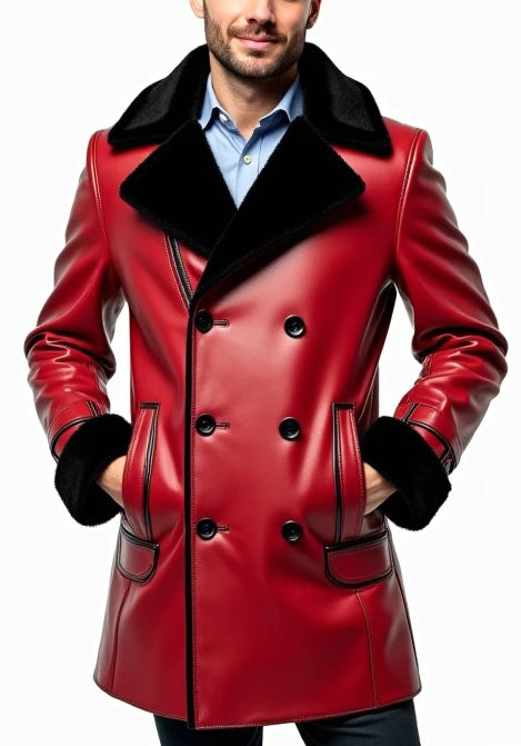 Men Red Designer Fur Leather Coat - Luxury Winter Wear