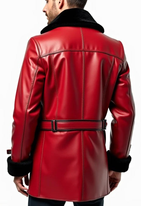 Men Red Designer Fur Leather Coat - Luxury Winter Wear