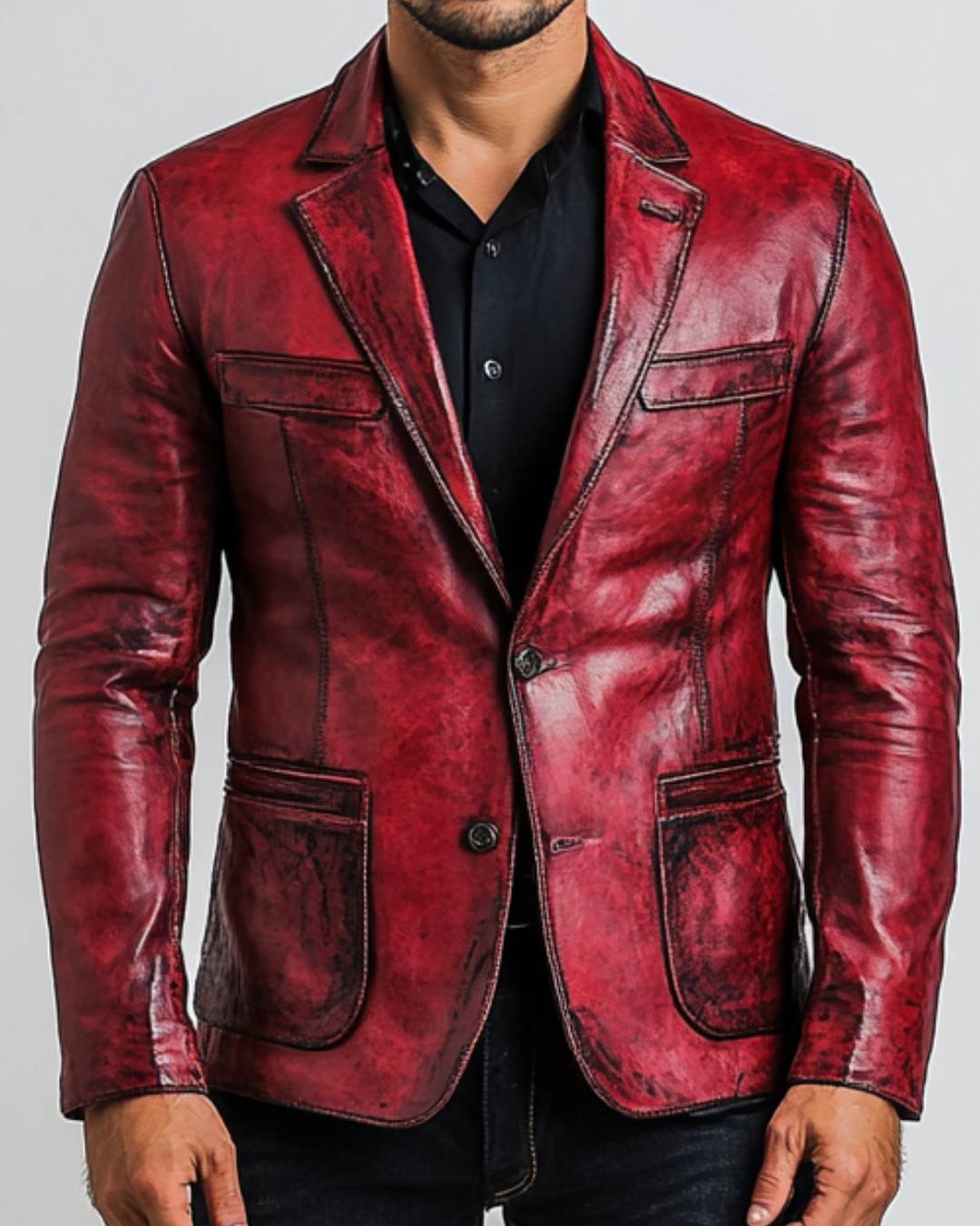 Men Red Distressed Leather Blazer