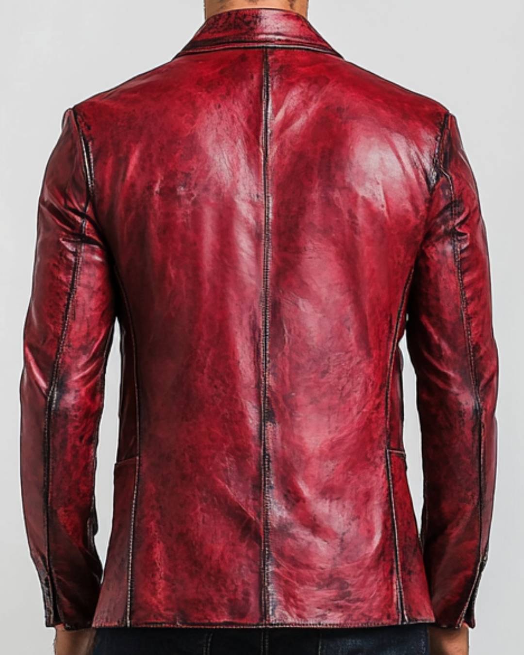 Men Red Distressed Leather Blazer