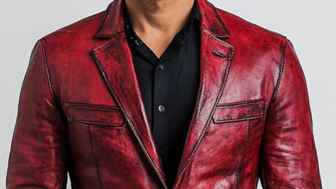 Men Red Distressed Leather Blazer