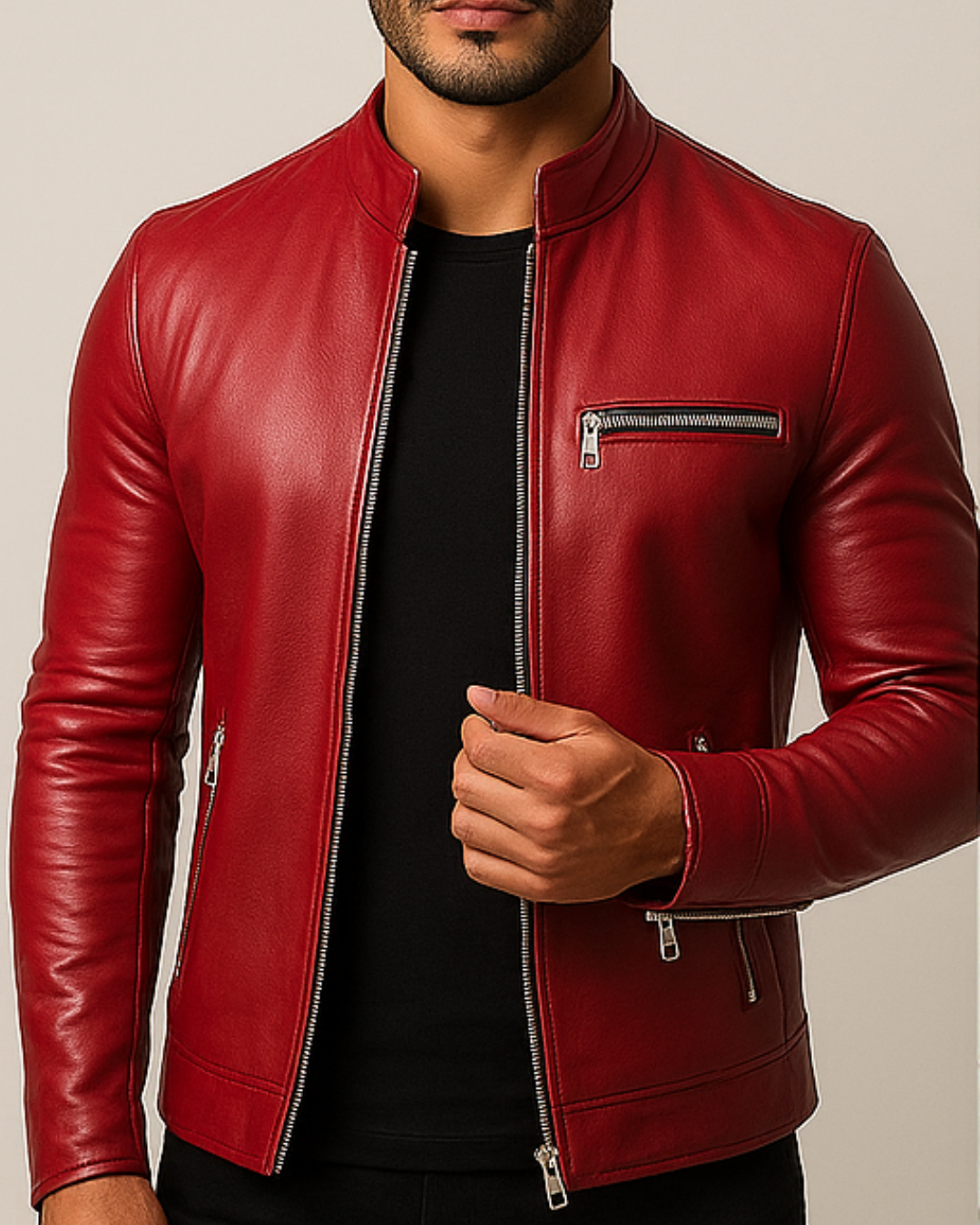 Men Classic Red Leather Jacket