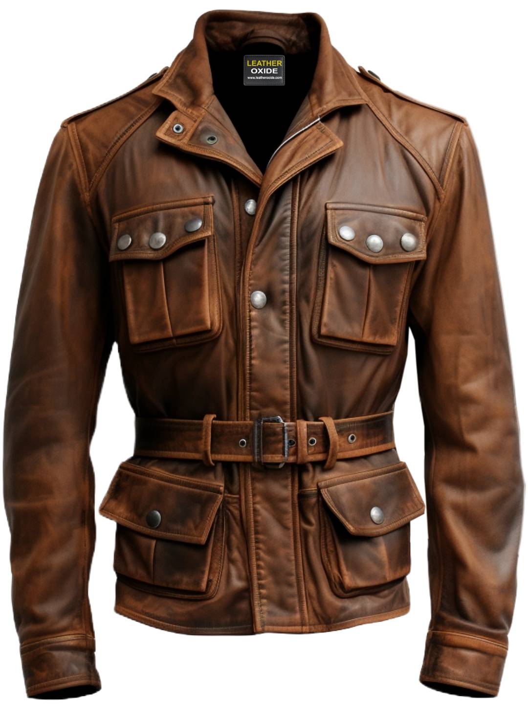 Men Strap Pockets Brown Leather Jacket