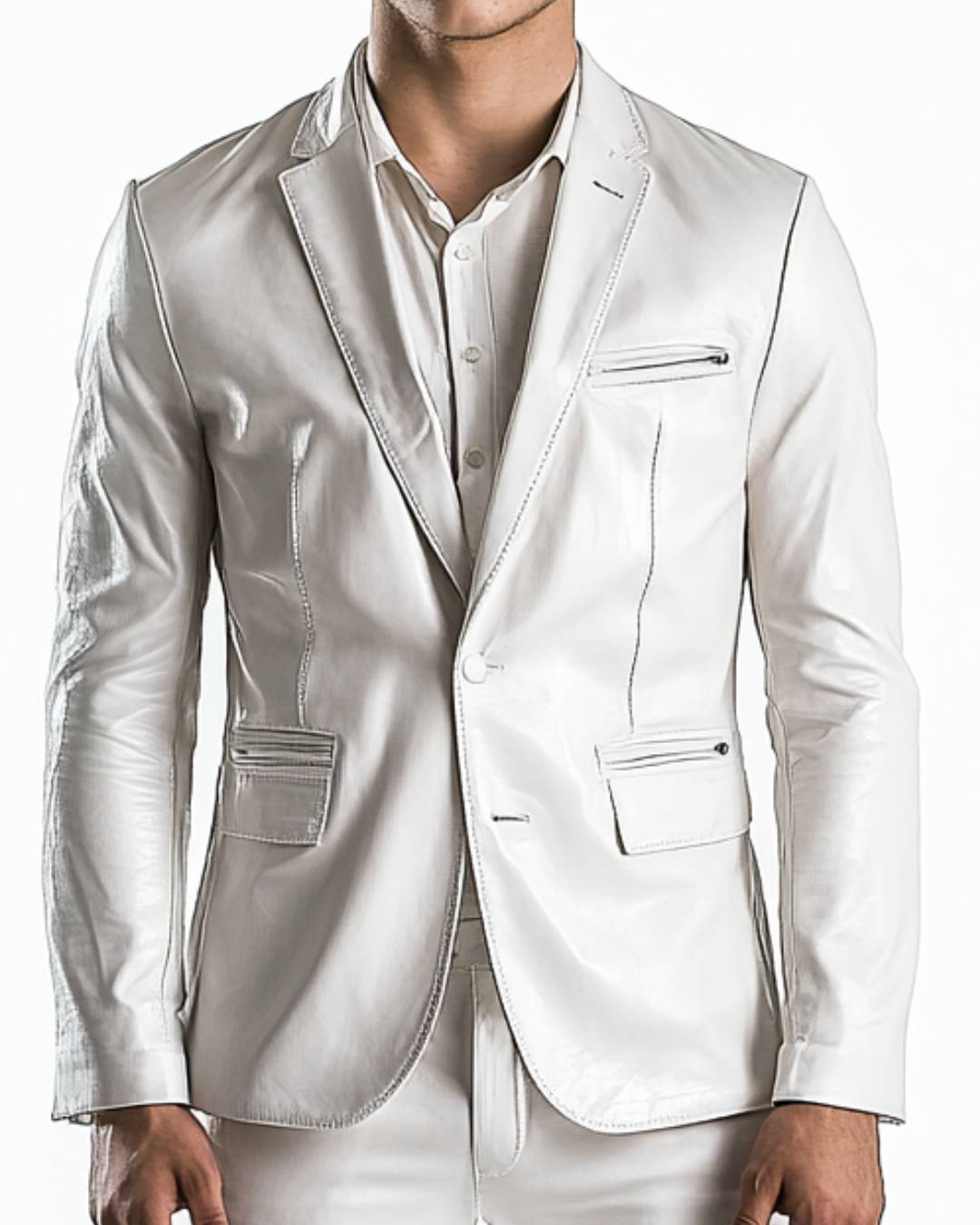 Men White Leather Blazer