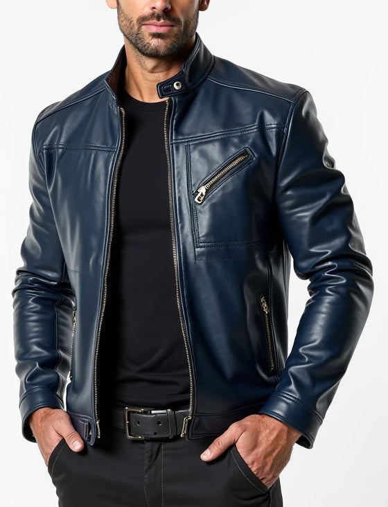 Men’s Navy Blue Biker Leather Jacket