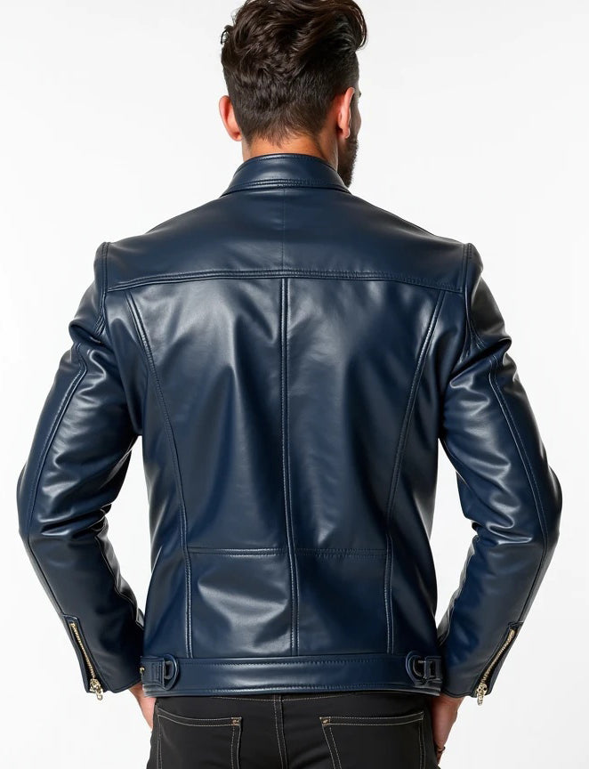 Men’s Navy Blue Biker Leather Jacket