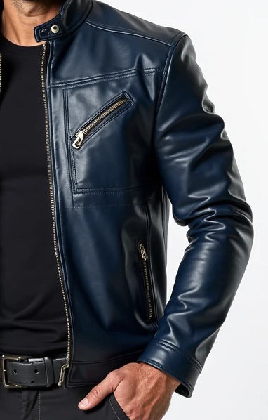 Men’s Navy Blue Biker Leather Jacket