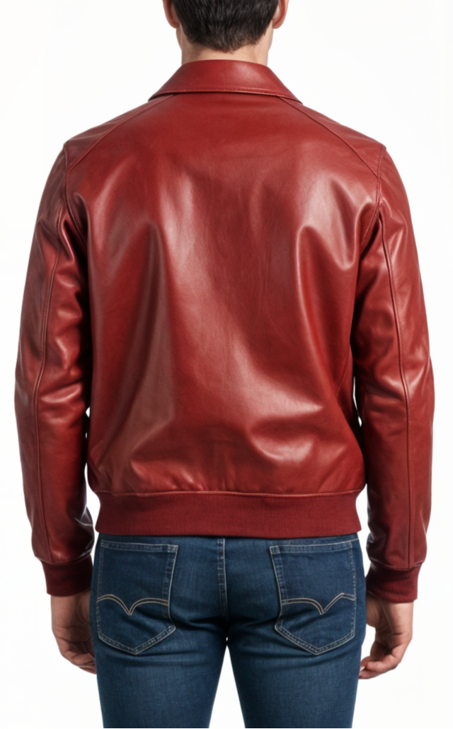 Red leather jacket worn by a person on a white background