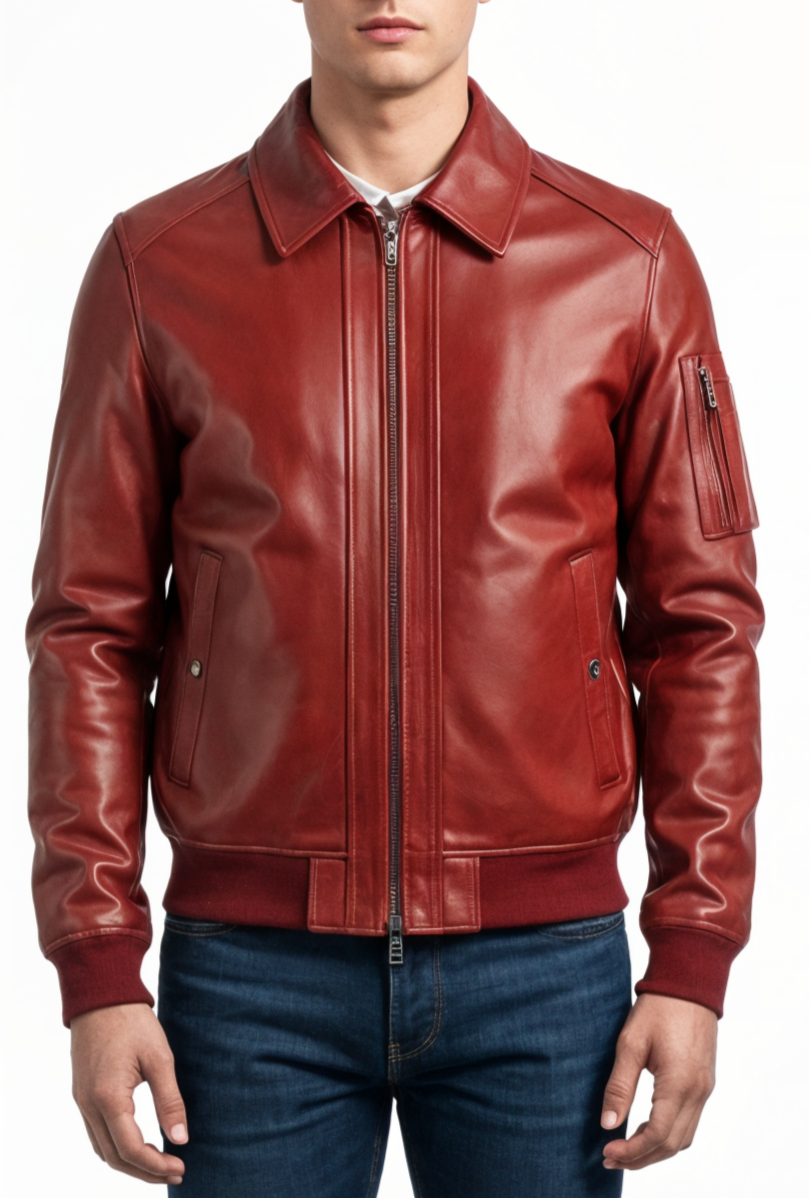 Red leather jacket worn by a person on a white background