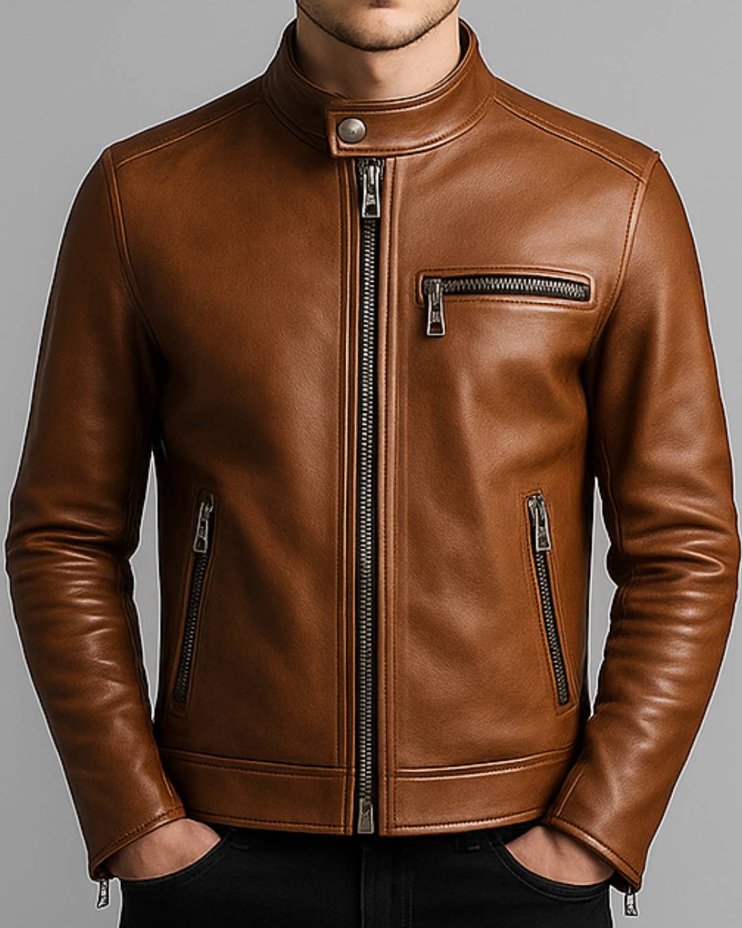 Tan Brown Men Leather Jacket